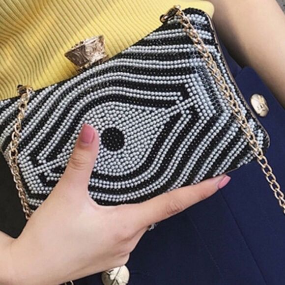 Black Beaded Rhinestone Crystal Embellished Clutch - Picture 1 of 2